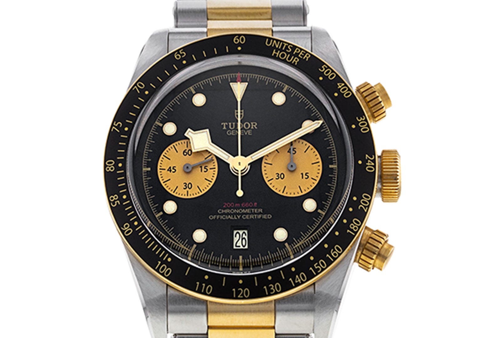 Tudor's two-tone Black Bay Chronograph M79363N, which Beckham pairs with a bund strap