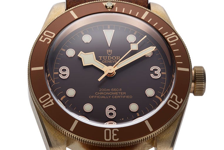 The chocolate brown dial and rose gold-coloured markers set off the bronze case